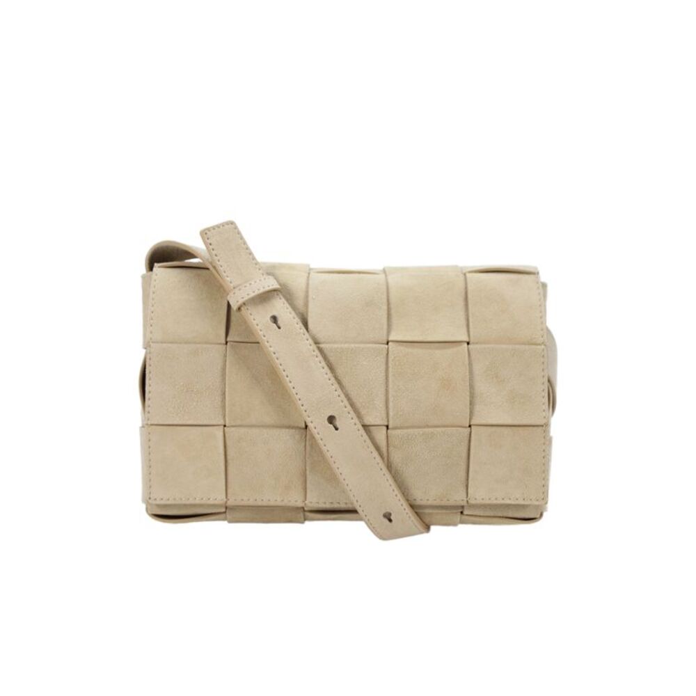 J. Mclaughlin Womens Suede Woven Flap Shoulder Handbag Beige